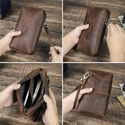 Men Clutch Bag Designer Genuine Leather Clutch Wallet Handbag Male Vintage Long Purse Zipper Card Holder Large Capacity Bolsas