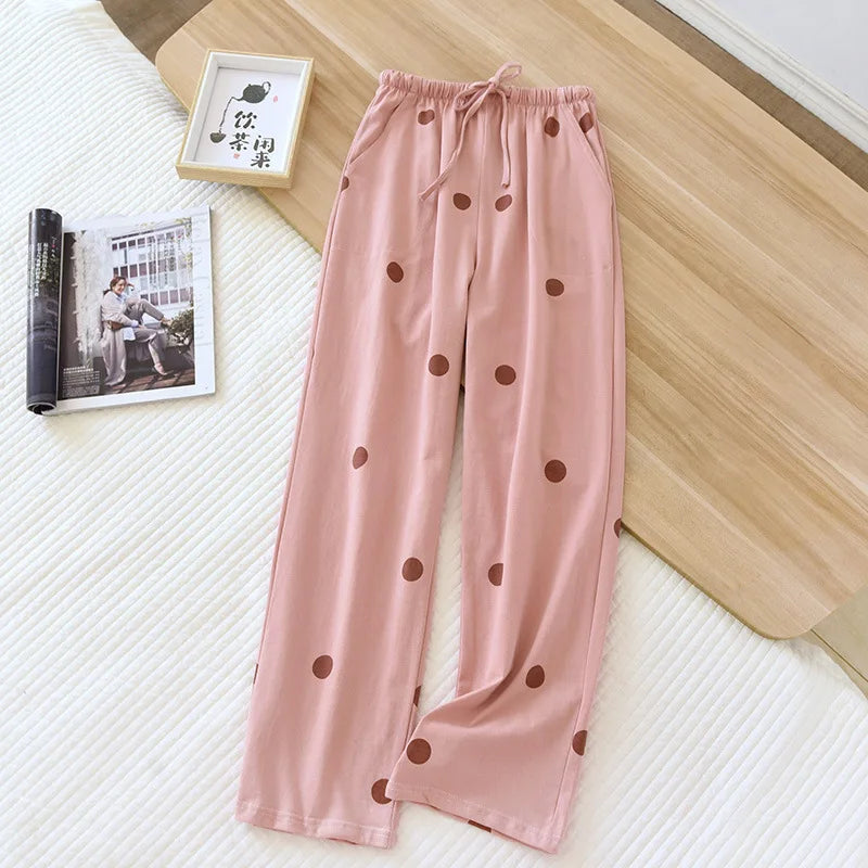 2025 New Spring/Summer Women's Sleeping Pants 100% Pure Cotton Knitted Love Pants Straight Leg Casual Home Pants Lounge Wear