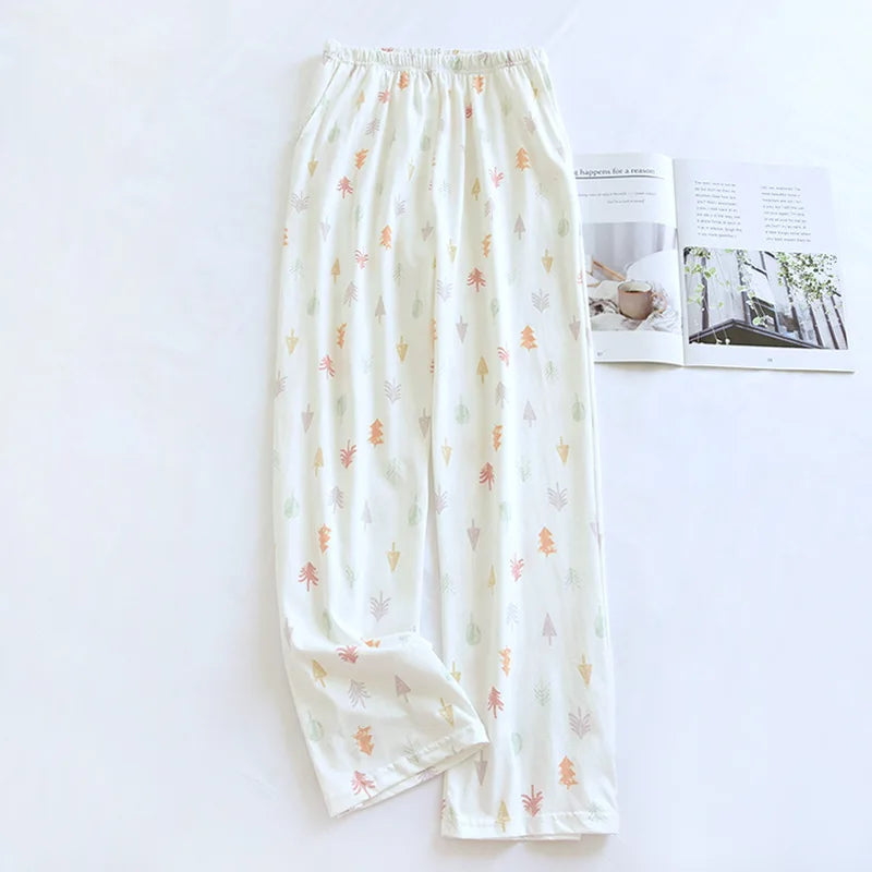 2025 Japanese New Women's Sleepwear 100% Cotton Knitted Soft Pants Cartoon Loose Pants Home Bottoms Womens Pajama Pants