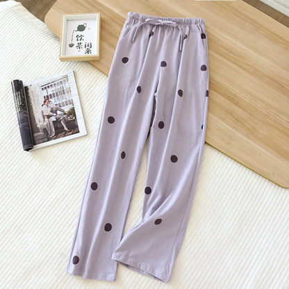 2025 New Spring/Summer Women's Sleeping Pants 100% Pure Cotton Knitted Love Pants Straight Leg Casual Home Pants Lounge Wear