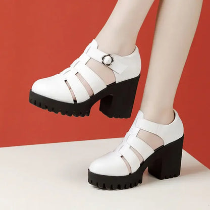 8cm 10cm Samll Size 32-43 Genuine Leather Shoes Chunky Platform Sandals 2025 Block High Heels Sandals Black Office Model Mom