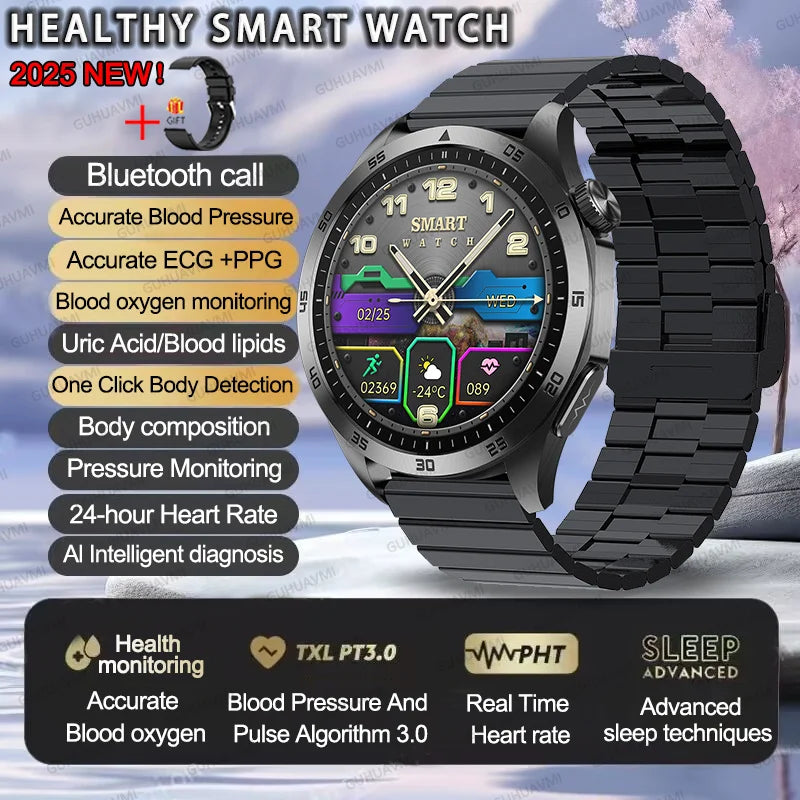 2025New Micro Physical Examination Blood Lipids Uric Acid Blood Pressure Smart Watch ECG+PPG Clock Bluetooth Call Smartwatch Men