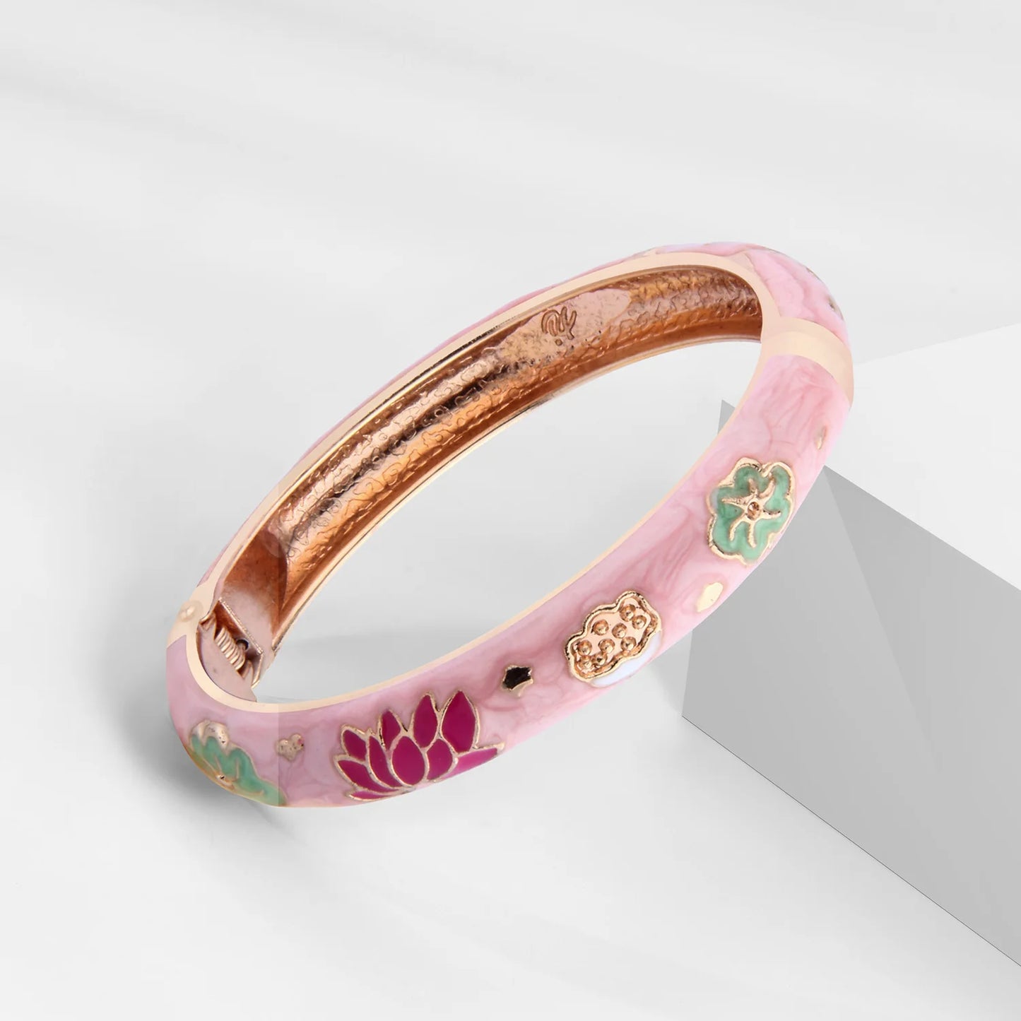 Women's Bracelets Set Bangle On Hand Hinge Enamel Cloisonne Bangles For Women Pink Vintage Birthday Gift For Mother