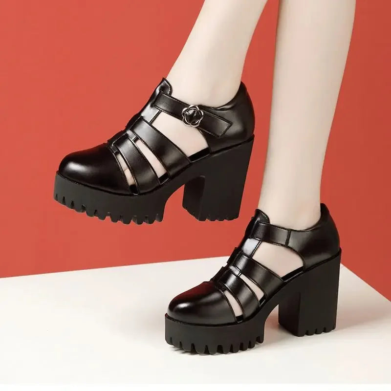 8cm 10cm Samll Size 32-43 Genuine Leather Shoes Chunky Platform Sandals 2025 Block High Heels Sandals Black Office Model Mom