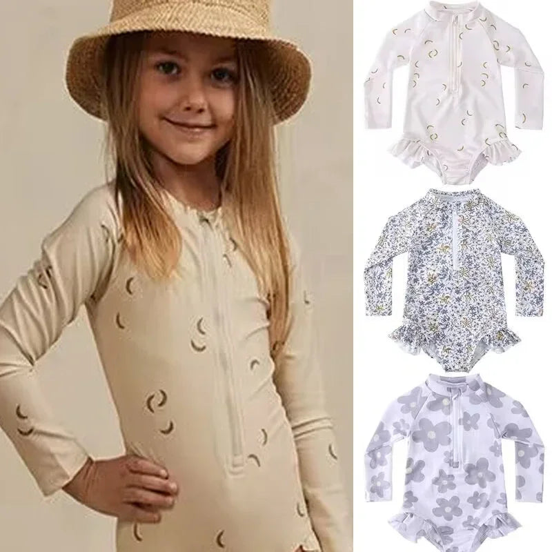 UV Baby Girl Swimsuit One Piece Swimming Jumpsuit Ruffles Bathing Suit SPF 50 Long Sleeve Kids Swimwear for Girls 1-7 Years