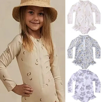 UV Baby Girl Swimsuit One Piece Swimming Jumpsuit Ruffles Bathing Suit SPF 50 Long Sleeve Kids Swimwear for Girls 1-7 Years