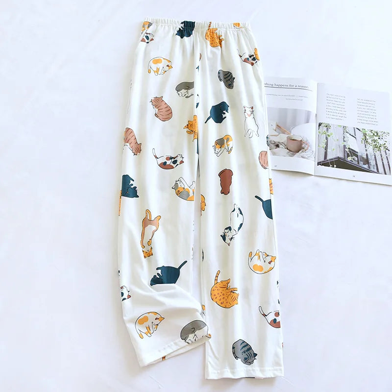 2025 Japanese New Women's Sleepwear 100% Cotton Knitted Soft Pants Cartoon Loose Pants Home Bottoms Womens Pajama Pants