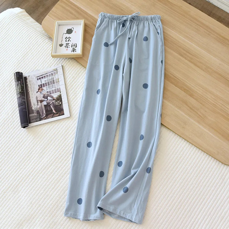 2025 New Spring/Summer Women's Sleeping Pants 100% Pure Cotton Knitted Love Pants Straight Leg Casual Home Pants Lounge Wear