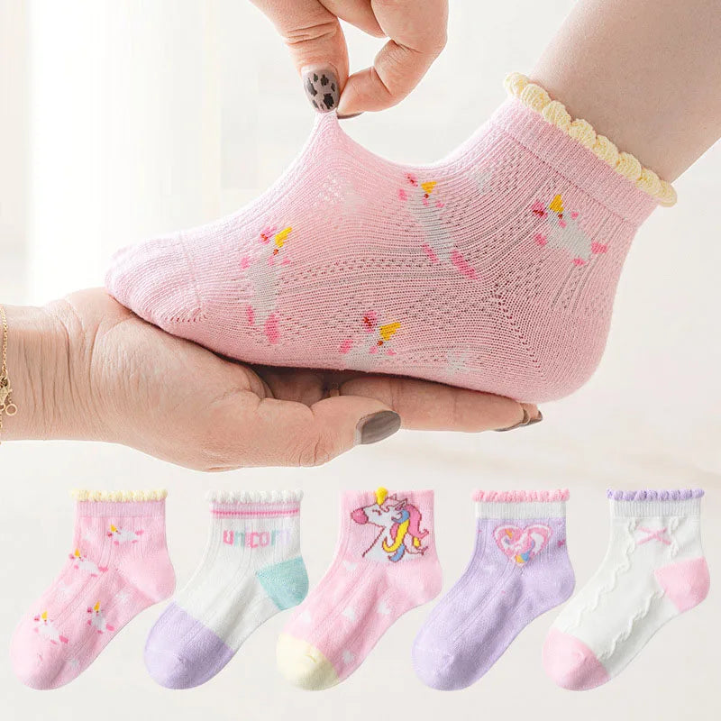5 Pairs/Lot Children Cotton Socks Teen Girl Boy Baby Student Fashion Mesh Soft Cute Cartoon For Summer 1-12 Years New Kids Socks