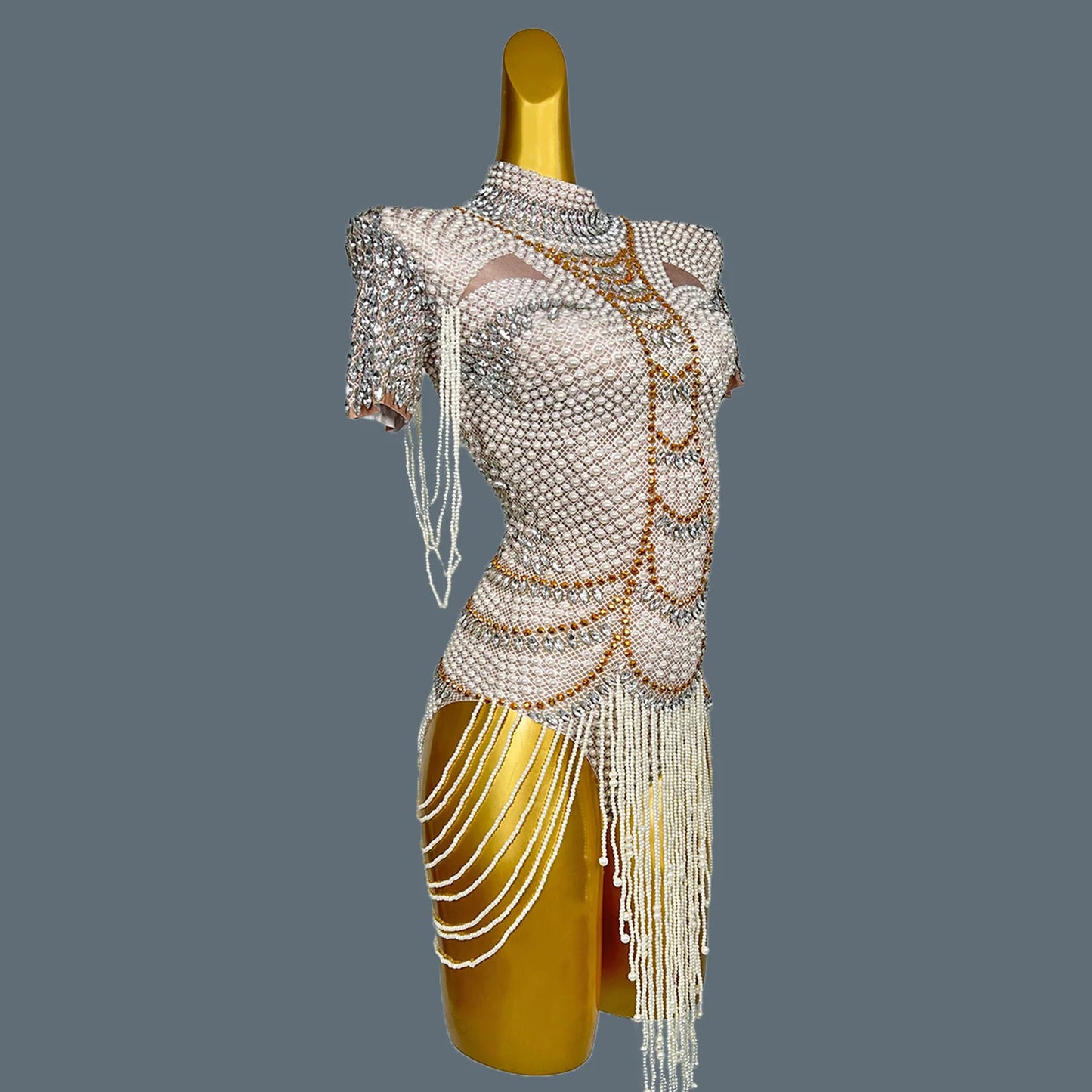 White Beaded Pearls Leotard Women Birthday Party Bodysuits Nightclub Singer Dancer Performance Drag Queen Stage Wear Xiangya