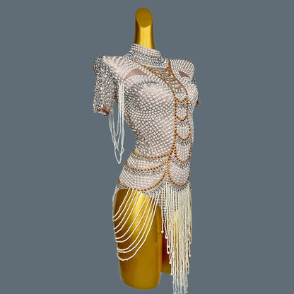 White Beaded Pearls Leotard Women Birthday Party Bodysuits Nightclub Singer Dancer Performance Drag Queen Stage Wear Xiangya