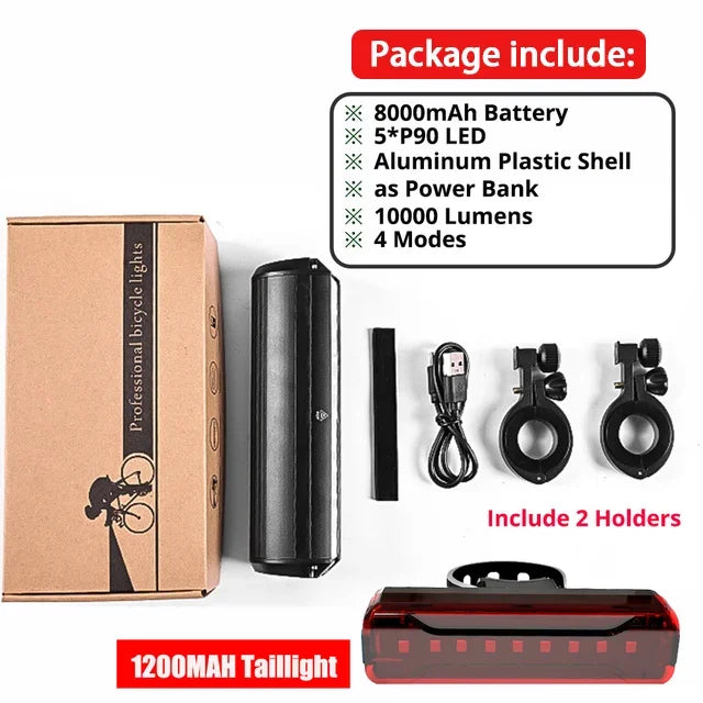 10000LM Bicycle Light Front Bike Light Waterproof 8000mah 5*P90 Flashlight USB Charging MTB Road Cycling Lamp Accessories