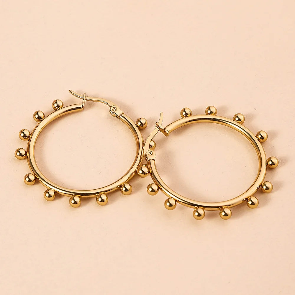 Women's Geometric Round Steel Ball Stainless Steel Hoop Earrings, Electroplated Gold Color Non Fading Earrings
