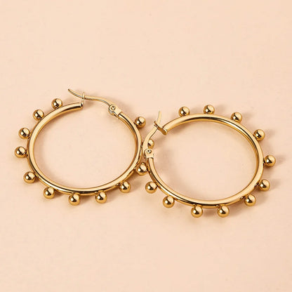 Women's Geometric Round Steel Ball Stainless Steel Hoop Earrings, Electroplated Gold Color Non Fading Earrings