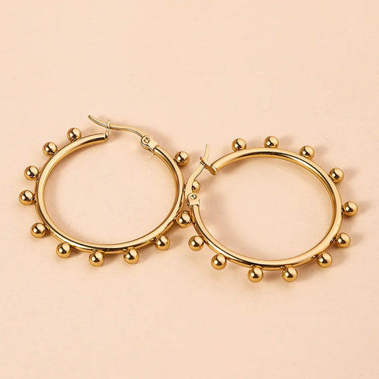 Women's Geometric Round Steel Ball Stainless Steel Hoop Earrings, Electroplated Gold Color Non Fading Earrings