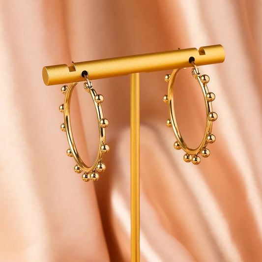 Women's Geometric Round Steel Ball Stainless Steel Hoop Earrings, Electroplated Gold Color Non Fading Earrings
