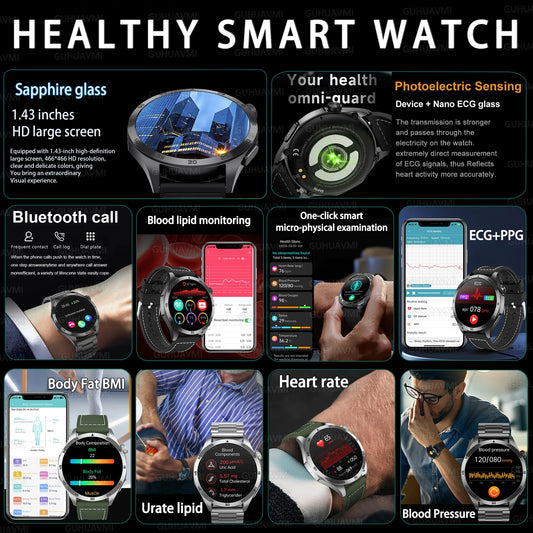 2025New Micro Physical Examination Blood Lipids Uric Acid Blood Pressure Smart Watch ECG+PPG Clock Bluetooth Call Smartwatch Men
