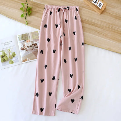 2025 New Spring/Summer Women's Sleeping Pants 100% Pure Cotton Knitted Love Pants Straight Leg Casual Home Pants Lounge Wear