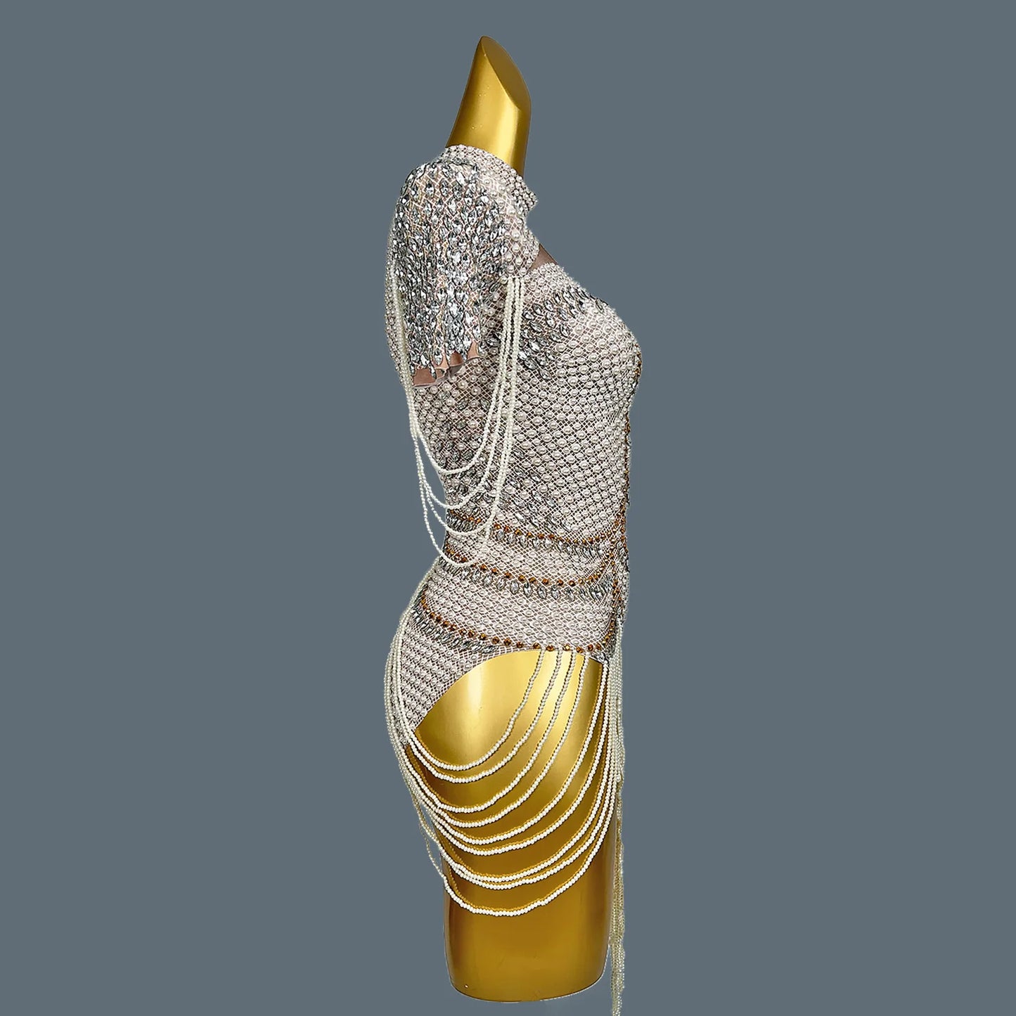 White Beaded Pearls Leotard Women Birthday Party Bodysuits Nightclub Singer Dancer Performance Drag Queen Stage Wear Xiangya