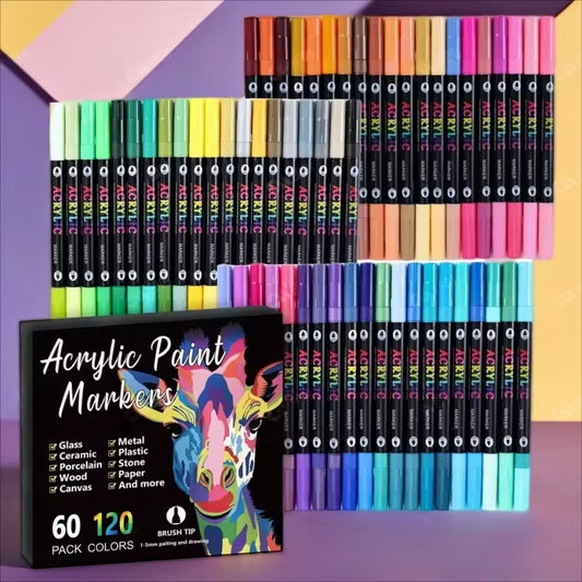 24-120 Colors Acrylic Paint Markers Pens Set Dual Tip Acrylic Paint Markers DIY Brush Tip and Fine Rock Painting Art Supplies