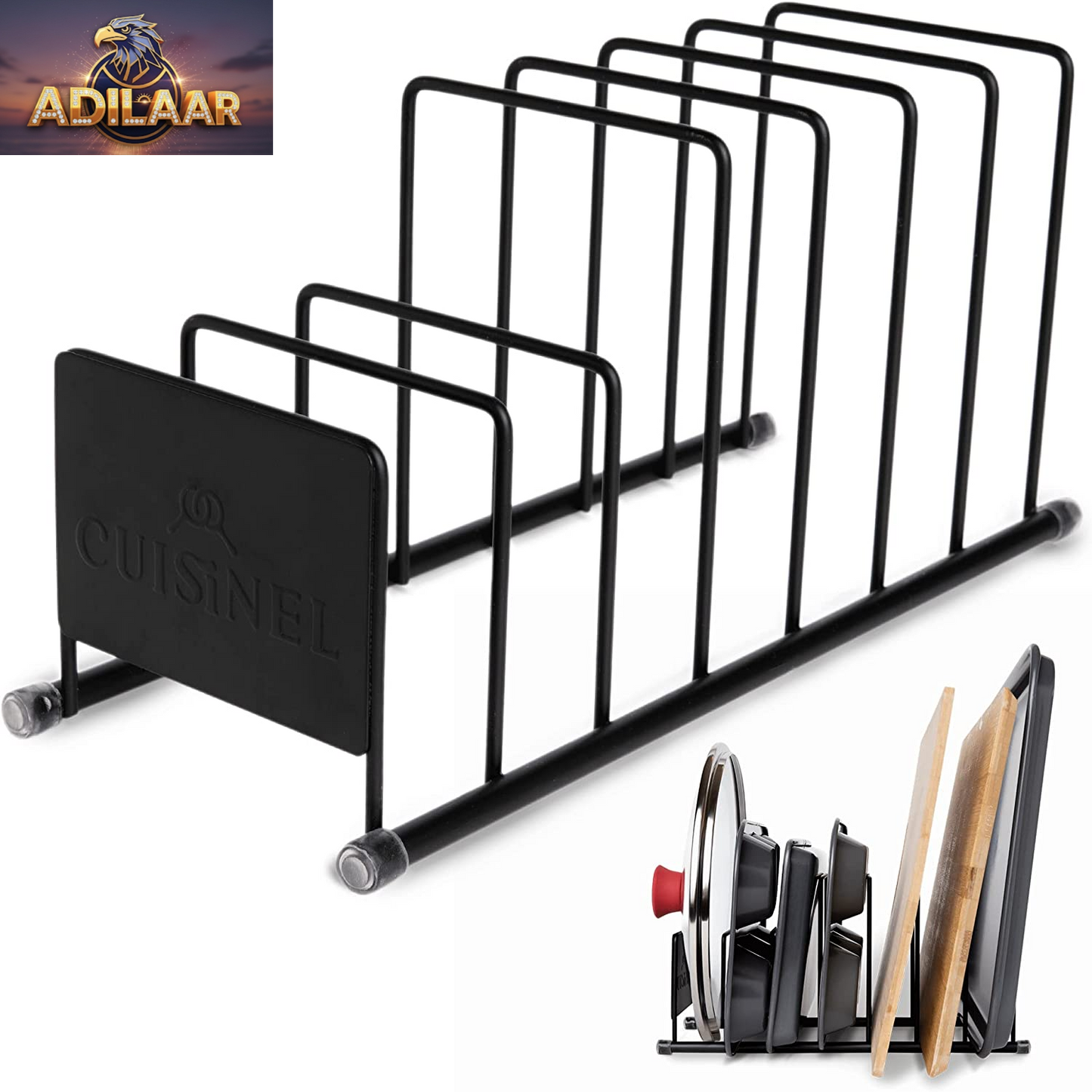 Cuisinel Heavy Duty Pots and Pans Organizer - Extra Large 5-Tier Rack - Holds Cast Iron Skillets, Dutch Oven - Durable Construction - Space Saving Kitchen Storage - No Assembly Required - Black 15.4"