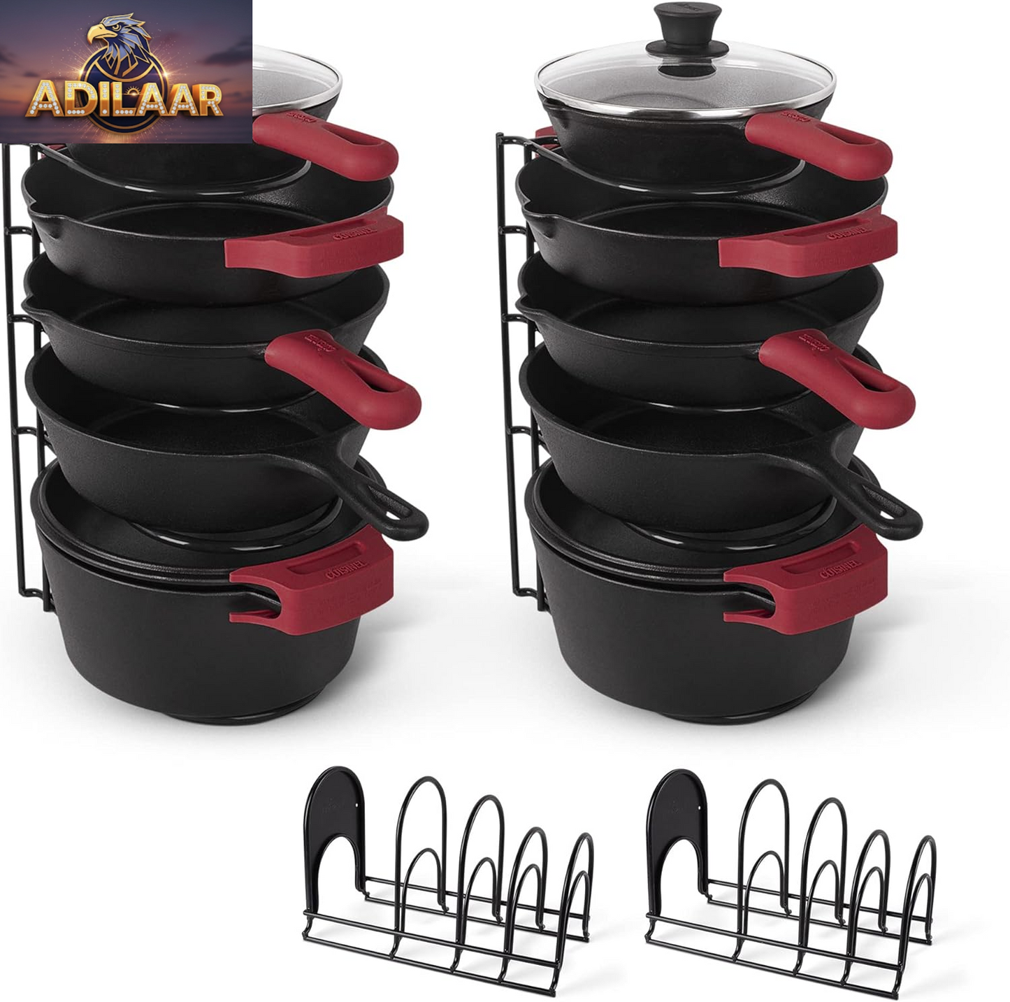 Cuisinel Heavy Duty Pots and Pans Organizer - Extra Large 5-Tier Rack - Holds Cast Iron Skillets, Dutch Oven - Durable Construction - Space Saving Kitchen Storage - No Assembly Required - Black 15.4"