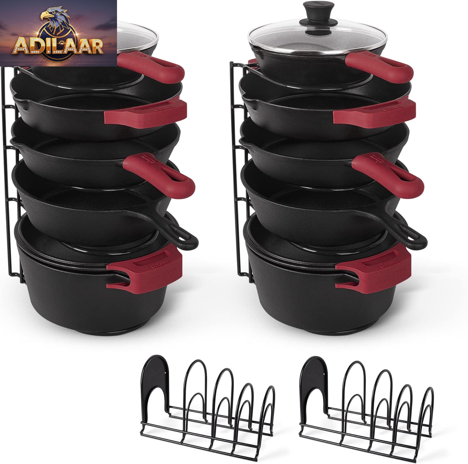 Cuisinel Heavy Duty Pots and Pans Organizer - Extra Large 5-Tier Rack - Holds Cast Iron Skillets, Dutch Oven - Durable Construction - Space Saving Kitchen Storage - No Assembly Required - Black 15.4"