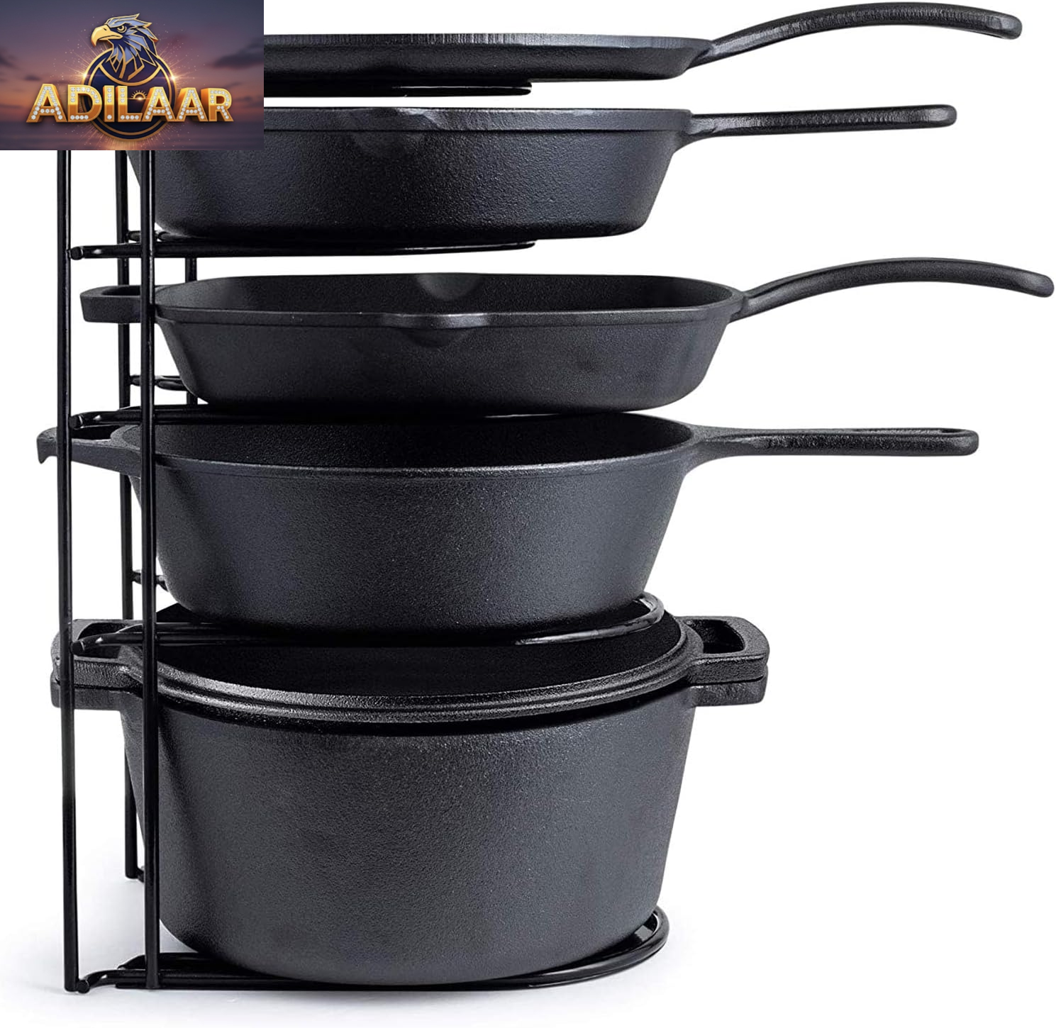 Cuisinel Heavy Duty Pots and Pans Organizer - Extra Large 5-Tier Rack - Holds Cast Iron Skillets, Dutch Oven - Durable Construction - Space Saving Kitchen Storage - No Assembly Required - Black 15.4"