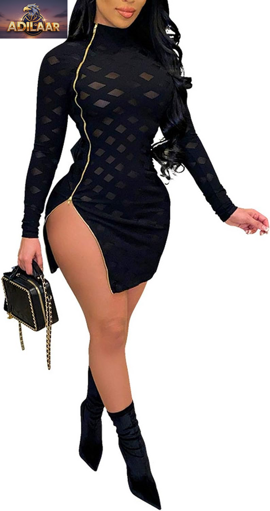 Uni Clau Women's Sheer Mesh Bodycon Midi Dress with Long Sleeves - Printed Skinny Clubwear for Party Events