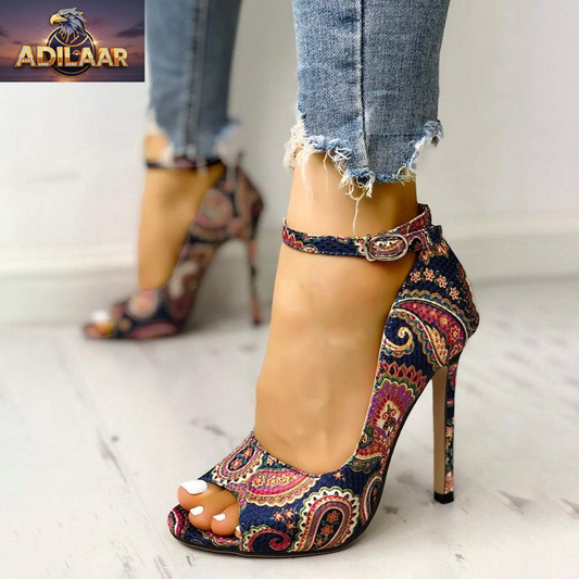 Ermonn Women's Multicolored High Heel Platform Stilettos with Ankle Strap and Open Toe Design