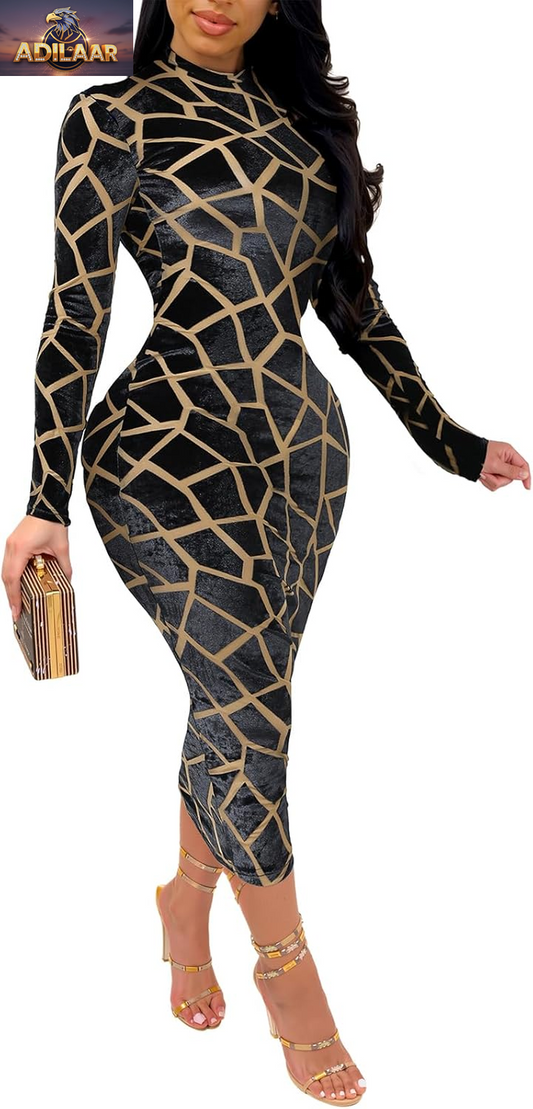 Uni Clau Women's Sheer Mesh Bodycon Midi Dress with Printed Long Sleeves for Clubwear and Parties