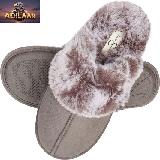 Jessica Simpson Women's Faux Fur Memory Foam House Slippers with Anti-Skid Sole