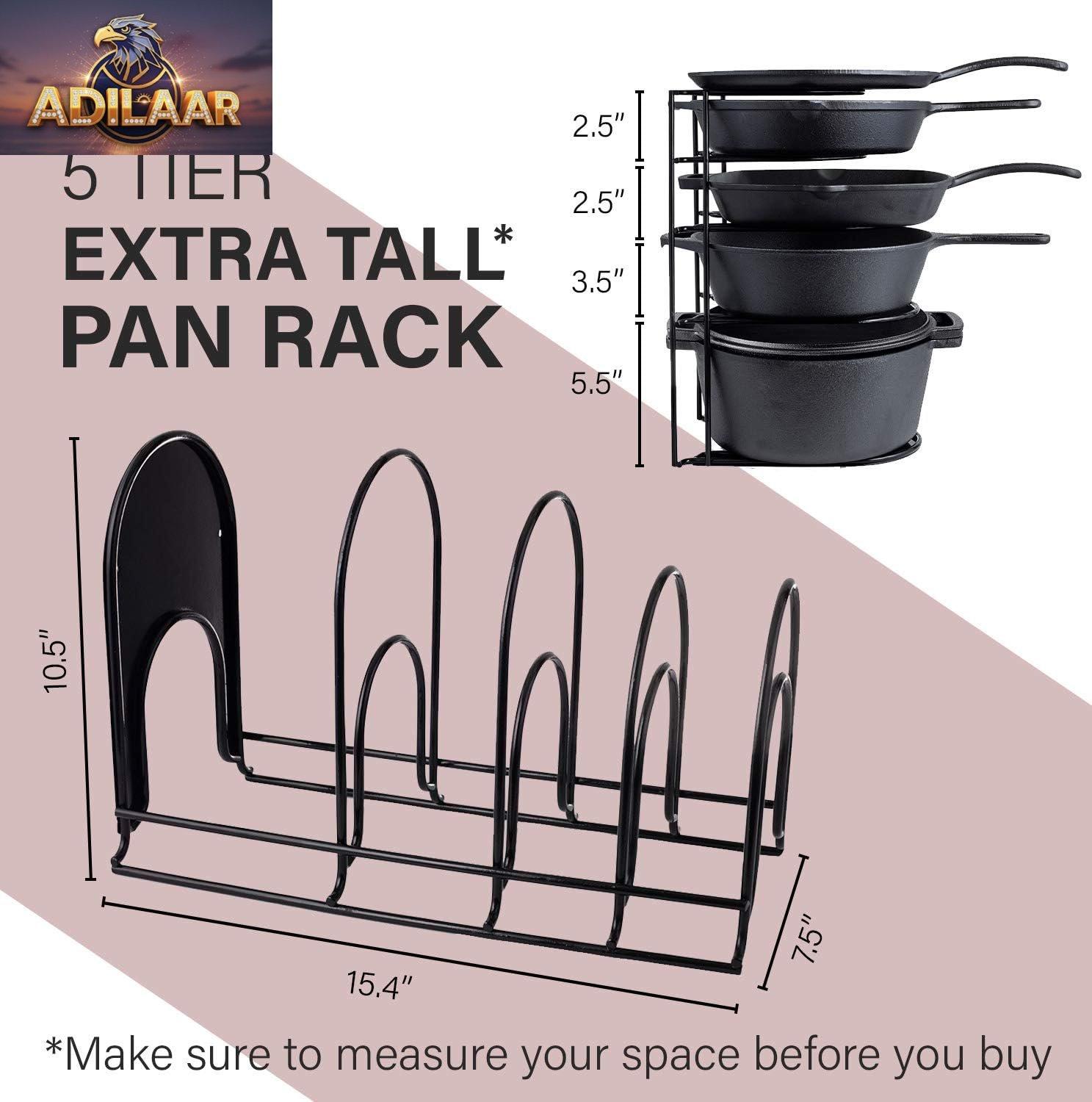 Cuisinel Heavy Duty Pots and Pans Organizer - Extra Large 5-Tier Rack - Holds Cast Iron Skillets, Dutch Oven - Durable Construction - Space Saving Kitchen Storage - No Assembly Required - Black 15.4"