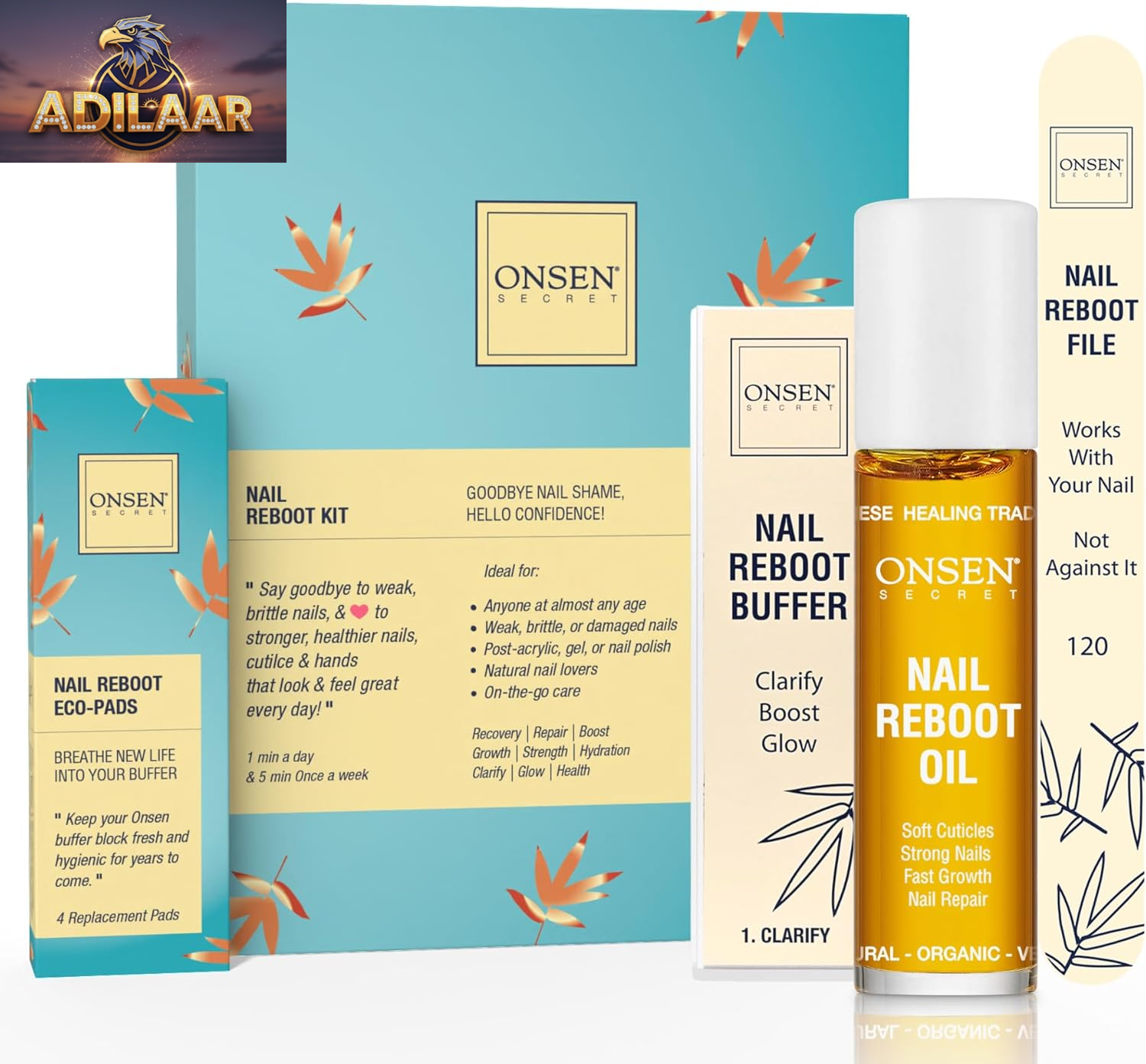 Onsen Secret Nail Care Kit - Japanese Nail Buffer and Shine Kit - Strengthening & Shining - Spa-Quality Manicure - Organic Ingredients - Long-Lasting Shine - Easy & Safe - W/Cuticle Care Serum - 1Pk