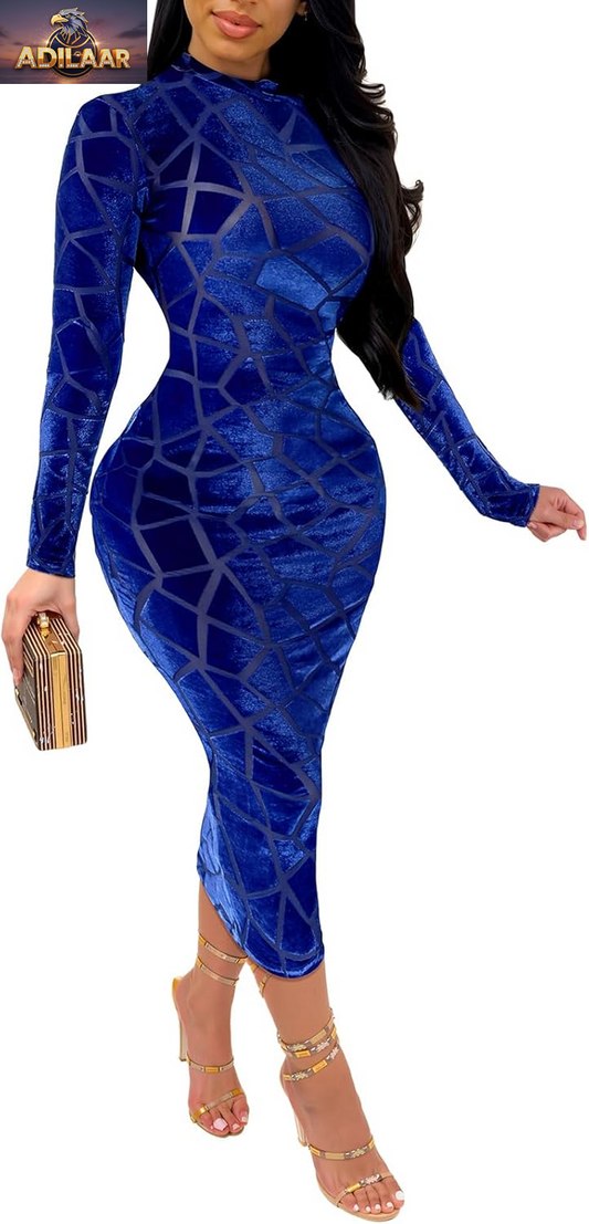 Uni Clau Women's Sheer Mesh Bodycon Midi Dress with Print - Long Sleeve Skinny Clubwear for Parties