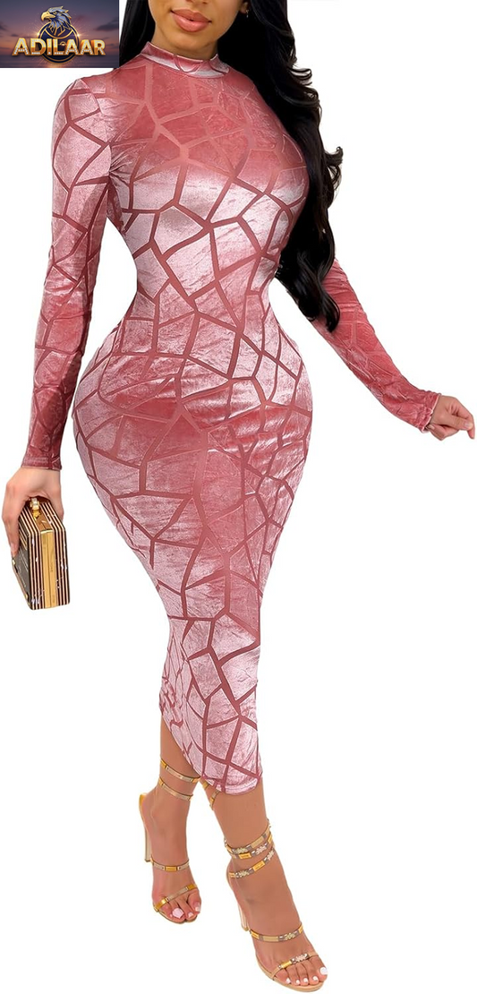 Uni Clau Women's Sheer Mesh Bodycon Midi Dress with Long Sleeves - Printed Skinny Clubwear for Party Events