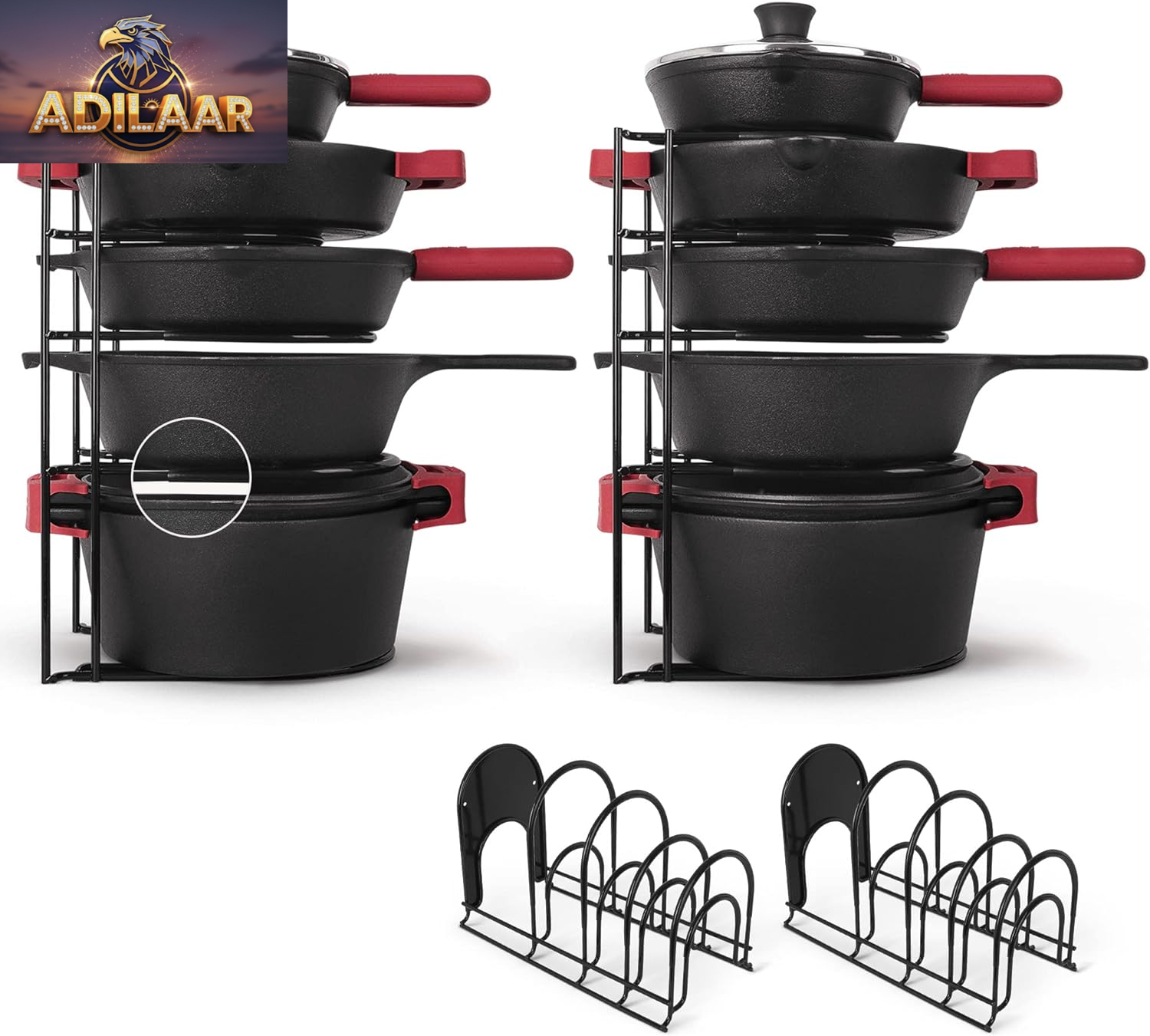 Cuisinel Heavy Duty Pots and Pans Organizer - Extra Large 5-Tier Rack - Holds Cast Iron Skillets, Dutch Oven - Durable Construction - Space Saving Kitchen Storage - No Assembly Required - Black 15.4"