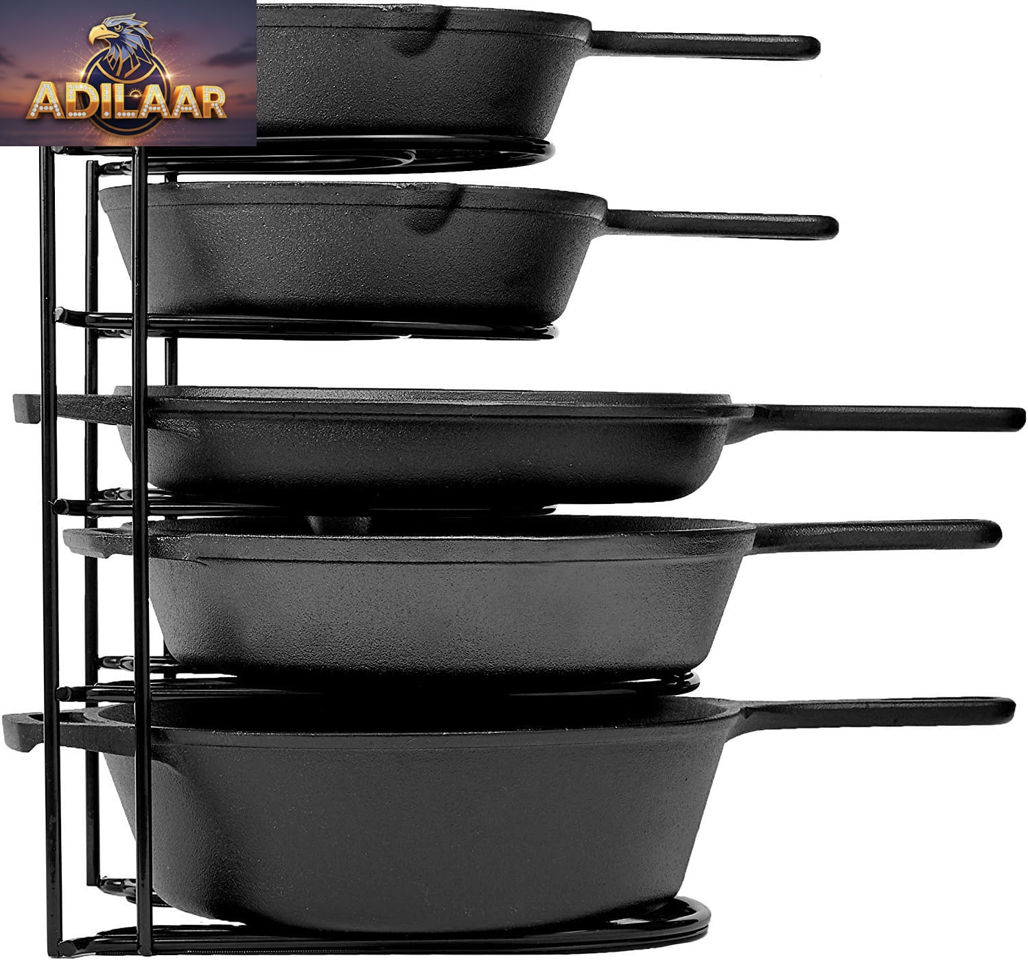 Cuisinel Heavy Duty Pots and Pans Organizer - Extra Large 5-Tier Rack - Holds Cast Iron Skillets, Dutch Oven - Durable Construction - Space Saving Kitchen Storage - No Assembly Required - Black 15.4"