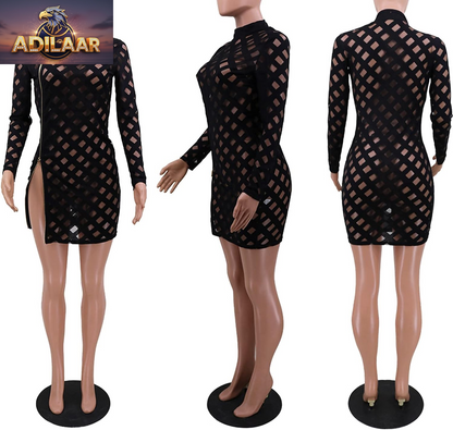 Uni Clau Women's Sheer Mesh Bodycon Midi Dress with Long Sleeves - Elegant Printed Clubwear Party Attire