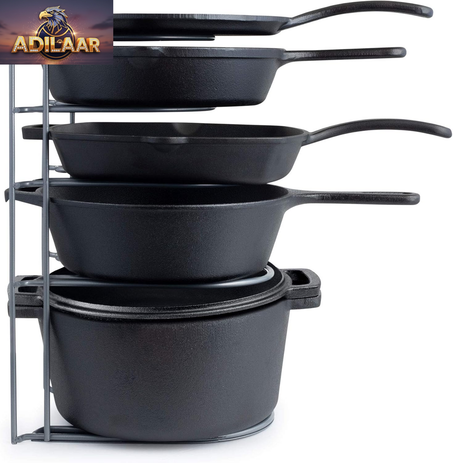 Cuisinel Heavy Duty Pots and Pans Organizer - Extra Large 5-Tier Rack - Holds Cast Iron Skillets, Dutch Oven - Durable Construction - Space Saving Kitchen Storage - No Assembly Required - Black 15.4"
