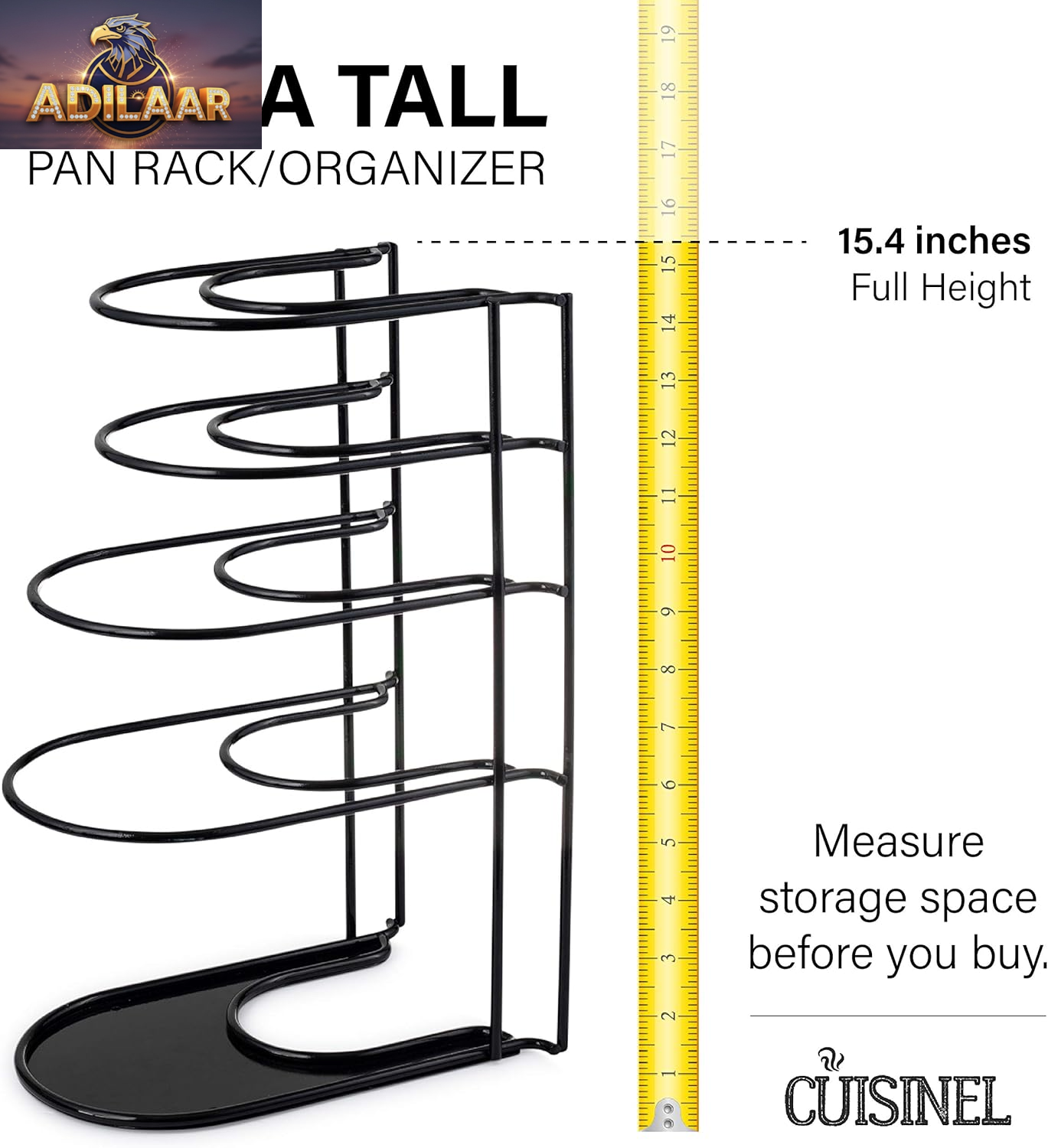 Cuisinel Heavy Duty Pots and Pans Organizer - Extra Large 5-Tier Rack - Holds Cast Iron Skillets, Dutch Oven - Durable Construction - Space Saving Kitchen Storage - No Assembly Required - Black 15.4"