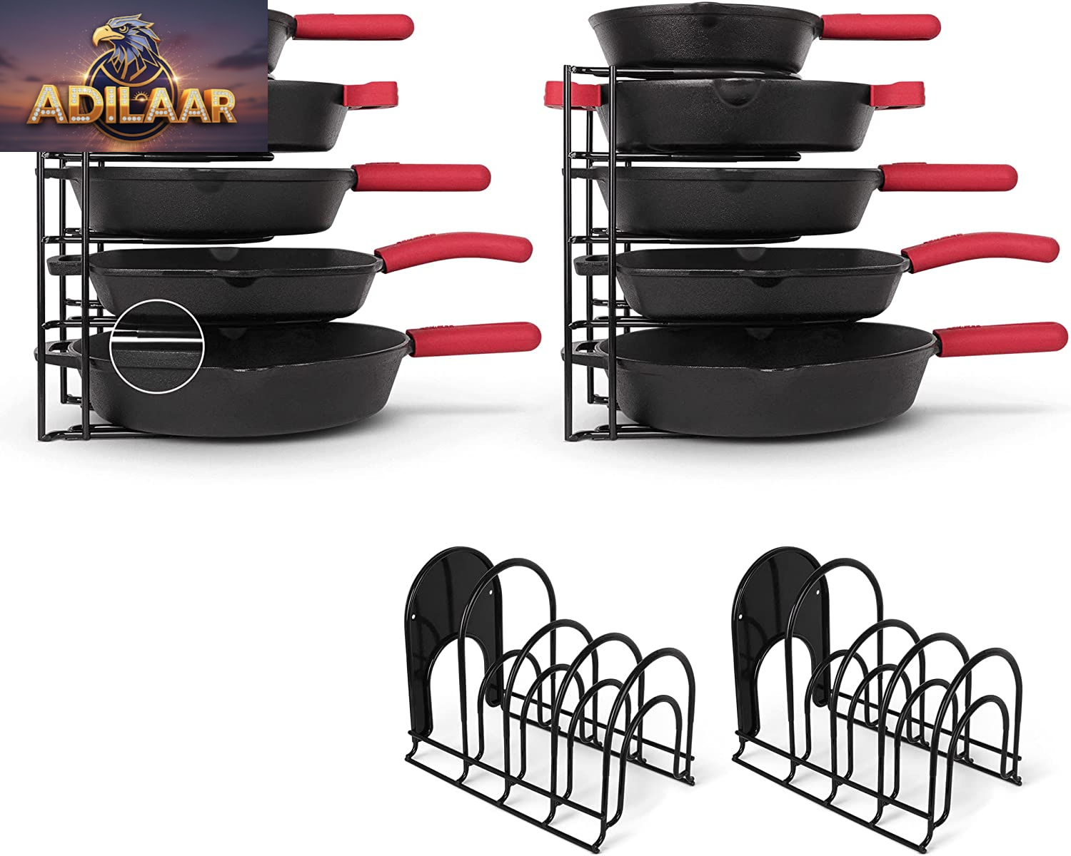 Cuisinel Heavy Duty Pots and Pans Organizer - Extra Large 5-Tier Rack - Holds Cast Iron Skillets, Dutch Oven - Durable Construction - Space Saving Kitchen Storage - No Assembly Required - Black 15.4"