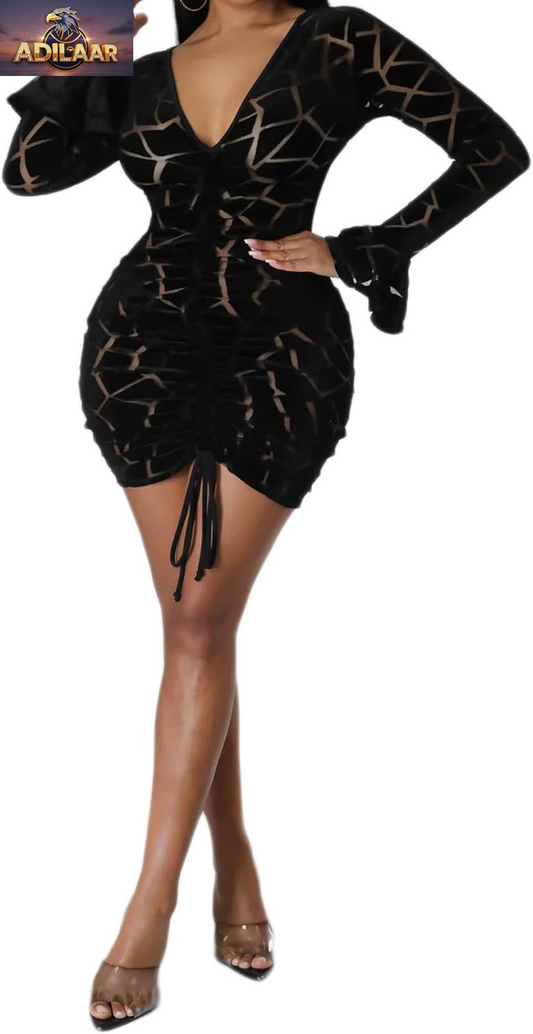 Uni Clau Women's Sheer Mesh Bodycon Midi Dress with Long Sleeves - Elegant Printed Clubwear Party Attire