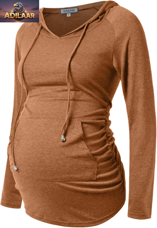 GINKANA Long Sleeve Maternity Hoodie - Casual Pregnancy Sweatshirt