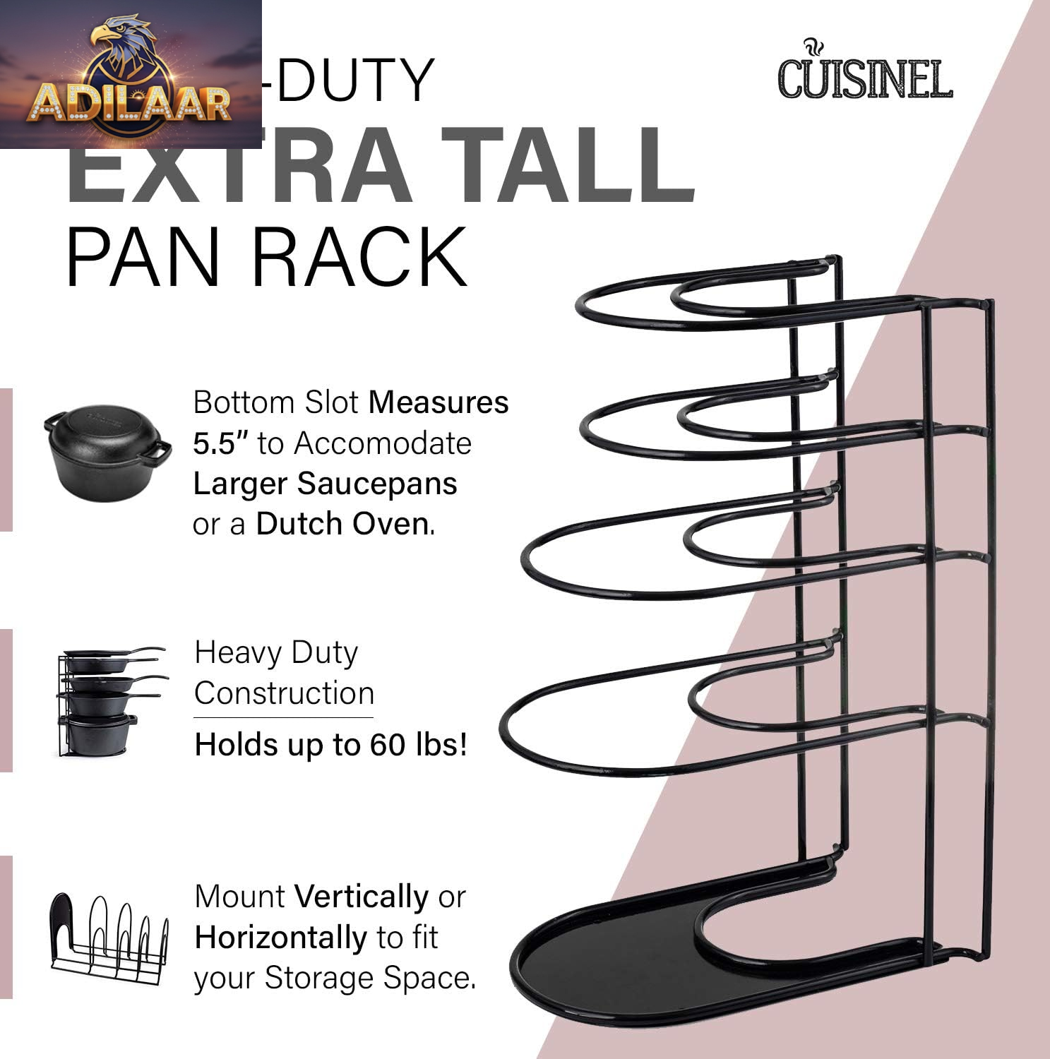 Cuisinel Heavy Duty Pots and Pans Organizer - Extra Large 5-Tier Rack - Holds Cast Iron Skillets, Dutch Oven - Durable Construction - Space Saving Kitchen Storage - No Assembly Required - Black 15.4"