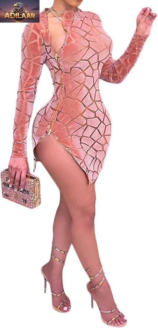 Uni Clau Women's Sheer Mesh Bodycon Midi Dress with Long Sleeves - Printed Party Clubwear